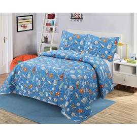 Kids Zone Collection Space Theme Kids/Teens Quilt Bedding Set, Rocket Ships and Astronauts Pattern, Blue Twin New # Rocket