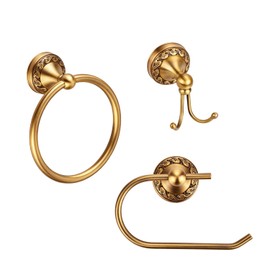 3 Pieces Set Antique Brass Bathroom Accessories, Toilet Paper Tissue Holder, Hand Towel Ring Hanger and Wall Clothing & Robe Double Hook, Wall Mounted Retro Heavy Duty Vintage Bathroom Hardwares