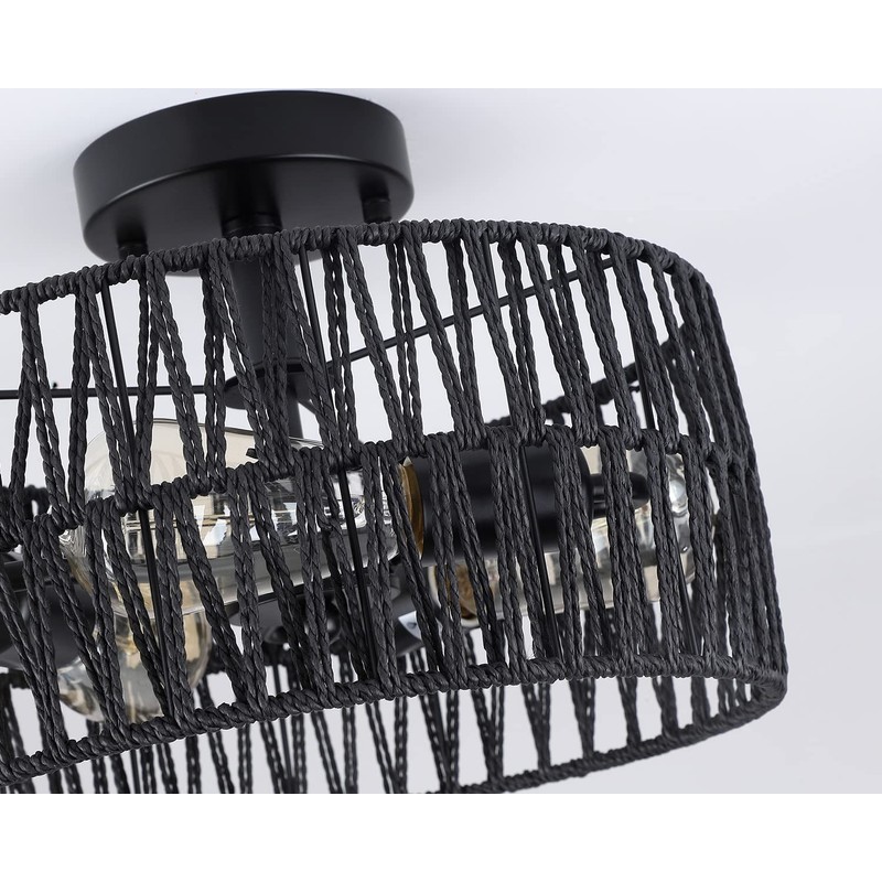 Hchunqjor 3-Light Coastal Black Woven Flush Mount Light Fixture Rustic