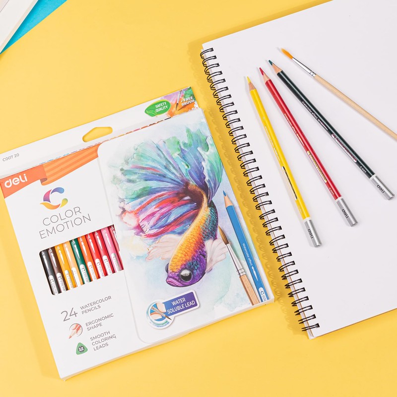 deli Watercolour Pencils Set, 24 Brilliant Colours