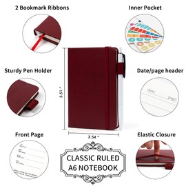 feela 3 Pack Pocket Notebook Journals with 3 Black Pens, A6 Mini Cute Small Journal Notebook Bulk Hardcover College Ruled Notepad with Pen Holder for Office School Supplies, 3.5”x 5.5”, Wine