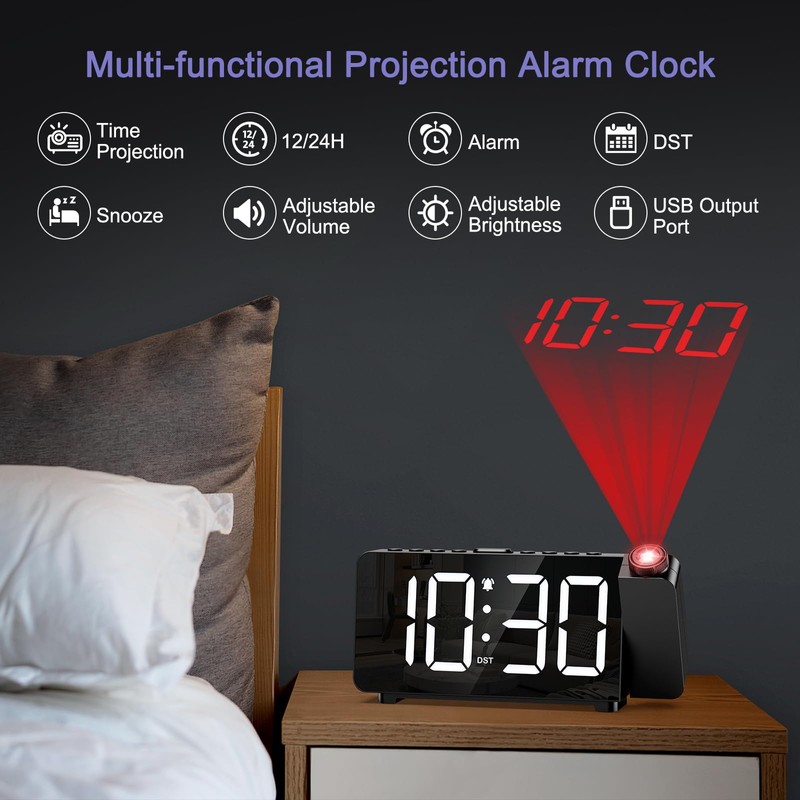 OQIMAX Projection Alarm Clock, Digital Projector Clock with 180° Projector,