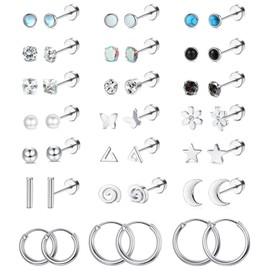 21 Pairs Silver Stud Earrings Set Women Men Cartilage Helix Earrings Titanium steel Zirconia Earrings Set Geometric Tiny Ball Star Moon Pearl Earrings for Girls