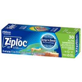 Ziploc XL Snack and Sandwich Bags for On-The-Go Freshness, Grip 'n Seal Technology for Easier Grip, Open and Close, 30 Count