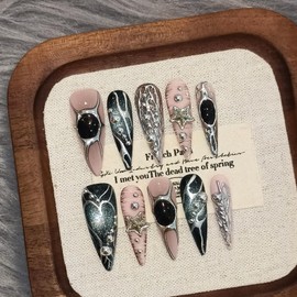 TENPAL Pink Black Press on Nails Long Stiletto,Metal Gothic Fake Nails with Punk Stars Beads,Cat Eye Glitter Edgy Y2K Ins False Nails with Tools,Sweet Grunge Irregular 3D Handmade Nails 10pcs(M)