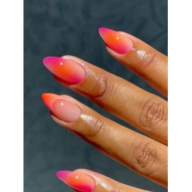 24-Piece Short Almond Press On Nails, Orange Pink Gradient Design, with Nail Glue and File