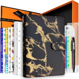 PU Leather Personal Notebook Planner with 67 Pages Planer Papers 6 Holes Ring Binder Pen Holder Magnetic Buckle (Black Marble, A5 Gift Box)