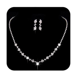 Unicra Bride Crystal Necklace Earrings Set Bridal Wedding Jewelry Sets Rhinestone Choker Necklace Prom Costume Jewelry Set for Women and Brides (3 piece set - 2 earrings and 1 necklace) (silver)