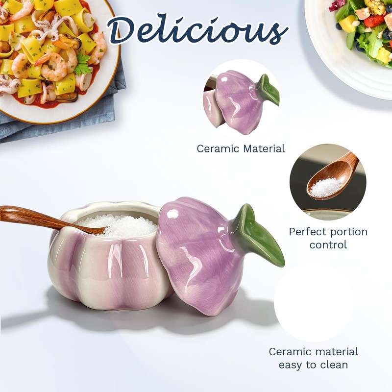 Purple Onion Shaped Ceramic Salt Cellar with Lid and Spoon,