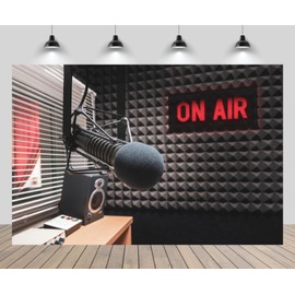 CHNYWORK 7ftx5ft Professional Microphone Backdrop Radio Station Studio On Air Sign TV Show Newscaster Studio Background Reporter Interview Stage Video Recording Decor Photo Booth Studio Props