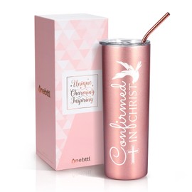 Onebttl Confirmation Gifts for Teen Girls, Skinny Tumbler - 20oz/590ml Double Wall Vacuum Insulated Stainless Steel Cup with Lid, Straw& Brush, Confirmed in Christ, Rosegold