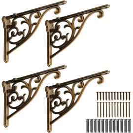 Khtumeware Shelf Bracket 5 Inch, Decorative Brackets for Shelving, Heavy Duty Vintage Ornate Shelf Bracket , Hardware Included, 4 Pack,Antique English Brass Finish, 4.92x3.5x1.73 inch