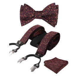 Alizeal Colorful Floral Pattern Suspenders and Self Tied Bow Tie for Men with Pocket Square Set, Orange+Maroon