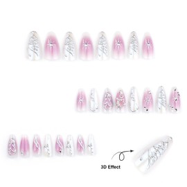 LPOODDNU 3D Silver Press on Nails Medium Almond Fake Nails with Star Butterfly Designs Gradient Purple White French Acrylic Nails Full Cover Glue on Nails Reusable Stick on Nails for Women 24Pcs