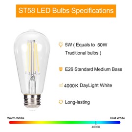 truestory Dimmable Vintage LED Edison Bulbs, 5W, Equivalent 50W, 450lm, Daylight White 4000K, ST19(ST58) LED Filament Bulbs, E26 Medium Base, Clear Glass, Pack of 6 (Cold Light)