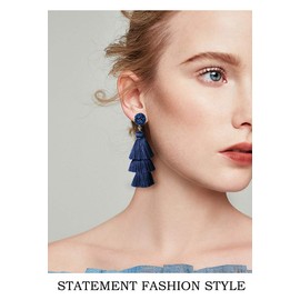 Navy Blue 3 Tier Tassel Earrings Birthstone Studs Dark Blue Dangle Earrings for Women Bohemian Big Fringe Drop Earring Hypoallergenic Purplish Blue Ear Jewelry