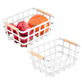 Wire Metal Baskets Storage Organizer Farmhouse Baskets with Wood Handles for Pantry Cabinets Store Fruit, Coffee, Spices, Pasta, Baking Supplies - White
