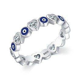 KIFUTENG Evil Eye Ring, 925 Sterling Silver Zirconia Heart Blue Evil Eye Ring Band for Women Lucky Statement Jewelry Gifts Size 5-10 (Silver, 10)