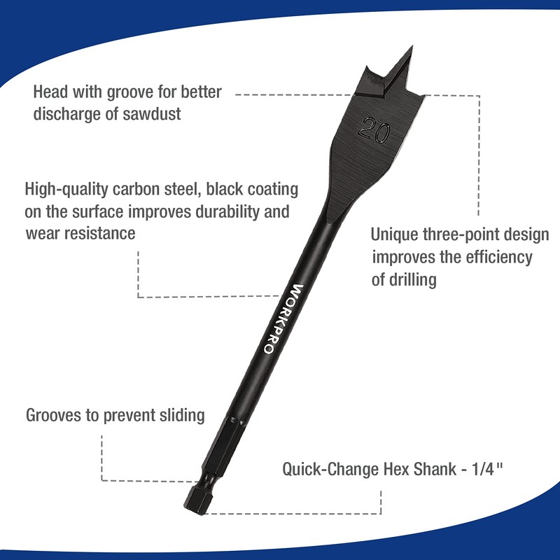 WORKPRO Spade Drill Bits Set Wood 8PC, Flat Wood Drill