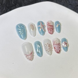 Almond Press on Nails Medium 3D Blue Fake Nails Chrome False Nails with Shell Starfish Pearls Glitter Designs Summer Acrylic Nails Handmade Nail Ocean Glossy Glue on Nail for Women Girls 30Pcs
