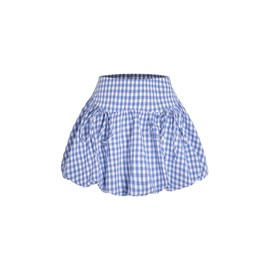 Verdusa Women's Gingham Bubble Mini Skirts Plaid Bow Cute Holiday Short Skorts Blue Medium