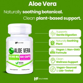 Healthfare Aloe Vera Capsules 40,000mg | 60 Vegan Capsules | Aloe Vera Extract Supplement | Non-GMO & Gluten-Free | Made in USA