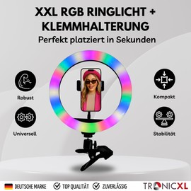 TronicXL RGB Ringlicht 10 Zoll + Klemmhalterung Klemmstativ für Tisch Selfie Influencer Lampe Leuchte LED für TikTok YouTube Instagram Foto Video Handyhalterung Smartphone Handy
