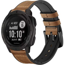 Leather Watch Band for Garmin Instinct/Instinct 2 Solar / Instinct3 45mm, Soft Genuine Leather with Silicone Sweatproof Wrist Strap for Garmin Instinct Tactical/Tide/Esports/Instinct Solar-Max Wrist 8.1"