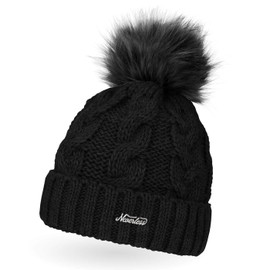 Neverless Ladies Knitted Fur Pom Pom Faux Fur Winter Hat Bobble Hat, Caren Black