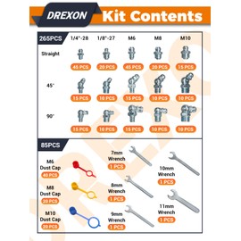 DREXON 350pc Grease Fitting Kit - SAE/Metric (1/4"-28, M6, M8, M10) Zerk Fittings w/Toolbox, Wrenches & Dust Caps - Fits Standard Grease Guns - for Automotive, Tractors, Lawn Mowers & Industrial