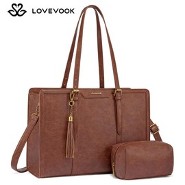 LOVEVOOK 15.6'' Canvas Laptop Tote Bag for Women with Clutch Purse, Lightweight Tote Bag Large Capacity Computer bag, Vegan Leather, Crossbody Bags for Business, Work, Office, Travel, School, Casual:_Vintage Brown(Leather)_15.6''