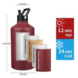 YONICOER Insulated Water Bottle 128oz,Triple Wall Vacuum Stainless Steel(Dishwasher Safe),Leak Proof & Non-BPA,Flask Jug with Paracord Handle & Straw Spout Lids Sports Red