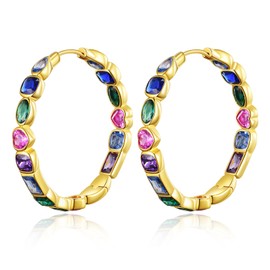 JSGEMSLEE Sterling Silver Hoop Earrings with 14 Carat Gold Plating Colourful Zirconia Hoop Earrings Rainbow Hoop Earrings Gold Earrings for Women, Silver