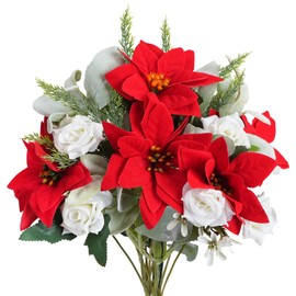 XHXSTORE 13" Artificial Christmas Bouquet Flowers Red Faux Poinsettias with Rose Cemetery Flowers Grave Christmas Floral Arrangement for Xmas Home Fireplace Table Christmas Decorations