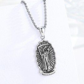 YueYuan 925 Sterling Silver Santa Muerte/St Benedict/Virgin Mary/Saint Jesus/Saint Joseph Miraculous Medal Necklace for Men, Sterling Silver, No Gemstone