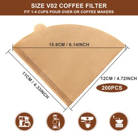 Gute 200Pcs Cone Coffee Filters, 2-4 Cups Unbleached Brown V02 Disposable Coffee Filter Paper, V-Shaped Pour Over Coffee Dripper and Drip Coffee Maker, Size 02