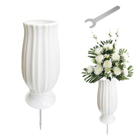 Cemetery Vase for Grave Decorations with Metal Spike Headstones Flower Holder (White)