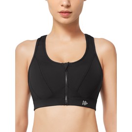 Yvette Women's No Bounce Sports Bra, Front Opening, Fitness, Running Bra, Sweat Absorbent, Quick Drying, Firm Support, Black