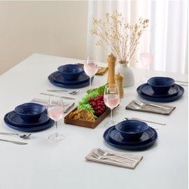 KooK Ceramic Dinnerware Set, Service for 4 (12-Piece) Plates & Bowls, Microwave & Dishwasher Safe, Organic Shape, Navy Blue Spiral