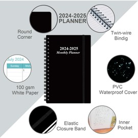 2024-2025 Monthly Planner - July 2024 - December 2025, Two Pages Per Month, 18 Monthly Calendar/Planner with Tabs, Strong Twin-Wire Binding, Inner Pocket, 3.75" x 6.5", Black