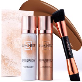 LUMINESS Airbrush Spray Silk Foundation Starter Kit - Deep - Foundation, Primer & Dual-Sided Angled Buffing Brush - Medium, Buildable Coverage, Anti-Aging Formula Hydrates & Moisturizes