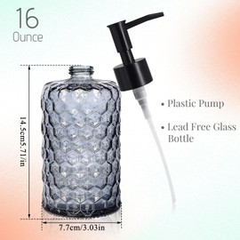 Clear Charcoal Blue Glass Soap Dispenser with Pump, 13.5oz Honeycombed Design Hand Soap Dispenser, Refillable Lotion & Dish Soap Dispenser, Bathroom Soap Dispenser for Dishwashing Liquid, Lotion