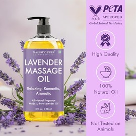 MAJESTIC PURE Aceite de masaje de lavanda para hombres y mujeres, ideal para calmar, calmar y relajarse, mezcla de aceites naturales para masaje terap