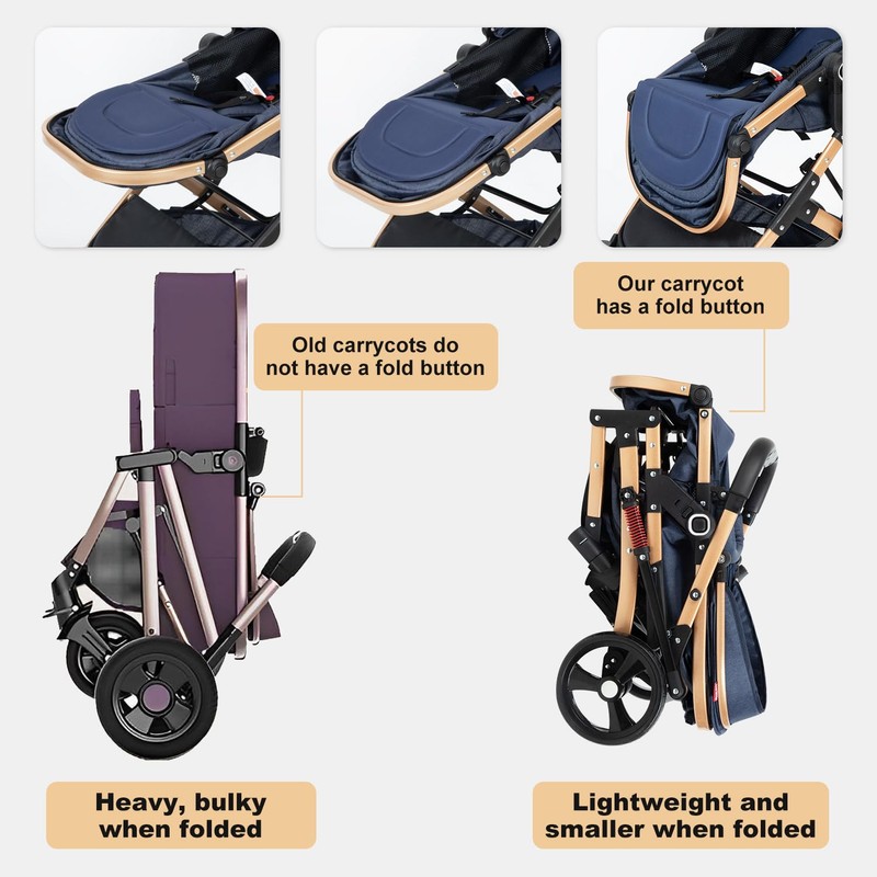 2 in 1 Baby Stroller Blue Newborn Stroller Foldable Convertible