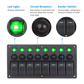 CT-CARID 8-Way Switch Panel, 12 V Boat Switch Panel, 8 Switches with Overload Protection, Circuit Switch for Car, Boat, Motorhome, Truck, Green