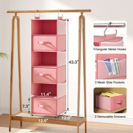 Pipishell Hanging Closet Organizer 6-Shelf, Hanging Shelves for Closet with 3 Removable Drawers & Side Pockets, Hanging Shelf Organizer for Bedroom or Garment Rack, 12'' x 12'' x 43.3'', Pink