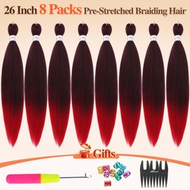 BARSDAR Pre-stretched Braiding Hair Extensions - 26 Inch 8 Packs Long Ombre Red Braiding Hair For Twist Box Braids Yaki Texture Hot Water Setting Synthetic Crochet Braiding Hair -T1B/Red#