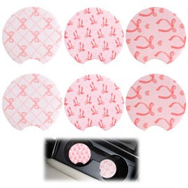 6 PCS Pink Bow Car Coasters, Car Coasters for Cup Holders with Finger Groove, Anti Slip Car Interior Accessories Excellent Thermal Insulation and Water for Women