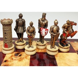 Medieval Times Crusades Gold & Silver Armored Knights Chess Set W/ 18" High Gloss Cherry & Burlwood Color Board