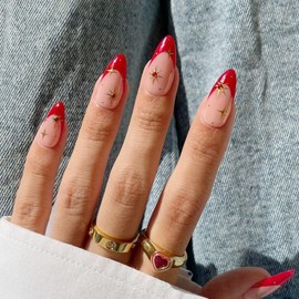 French Tip Press on Nails Almond Medium Fake Nails Star Acrylic Nails Red False Nails with Rhinestone Glue on Nails for Women Girls Nails Decoration Manicure 24Pcs